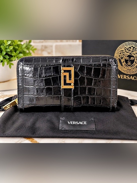 Versace Handbags - Versace Greca Goddess Croc Embossed Continental Wallet Black Gold
